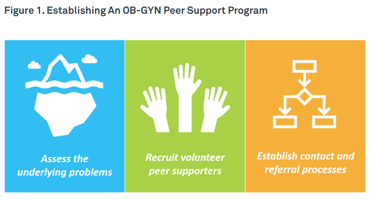Figure 1, a graphic Establishing an obgyn peer support program. First, assess the underlying problems. Second, recruit volunteer peer supporters. Last, establish contact and referral processes.