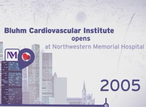 Infographic showing Northwestern Memorial Hospital and the year 2005, when Bluhm opened